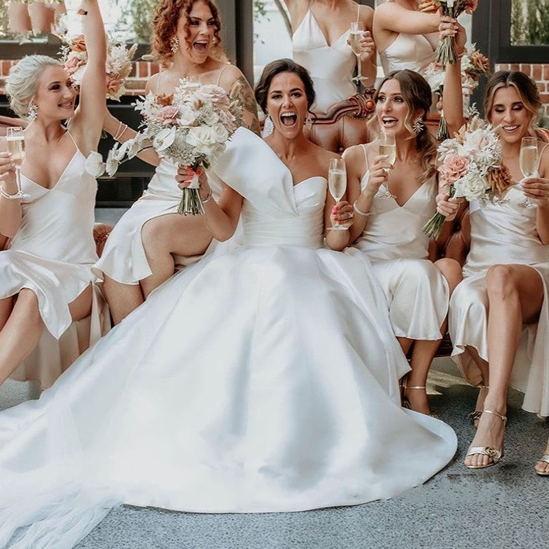 Vintage One Shoulder Pleat Satin Wedding Dress Sleeveless Backless A-Line Boho Princess Bridal Gowns vestidos de novia Custom Made