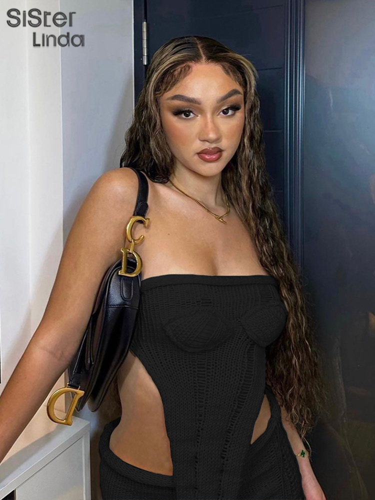 Two Piece Dress Sisterlinda Sexy Blackless 2 Set Women Sleeveless Irregular Tube TopsTassel Skirts Female Matching Party Clubwear Outfits 230505