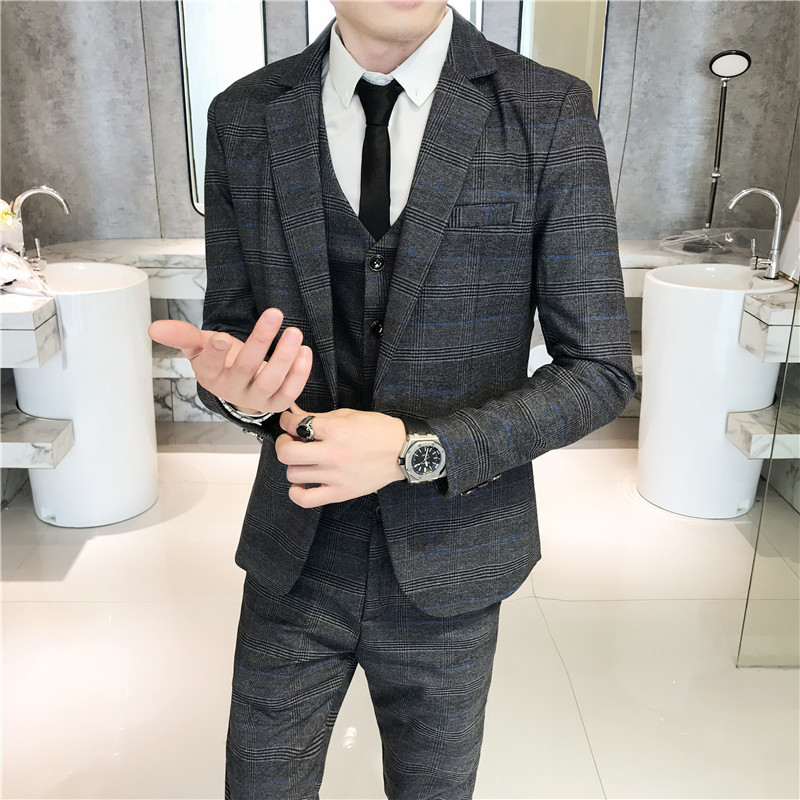 Men's Suits Blazers Fashion Men's Casual Slim Plaid Suit Coat Three Piece Set / Men's Business Boutique Wedding Blazers Jacket Pants Ve