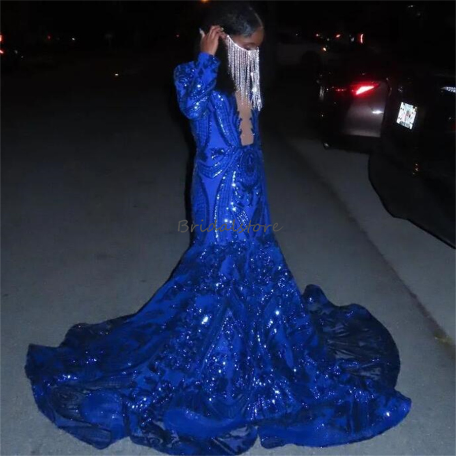 Luxury Sequin Royal Blue Prom Dress For Black Girl Long Seeve Mermaid Evening Gown Extra Custom Size Korean Formal Birthday Occasion Sparkle Vestido D