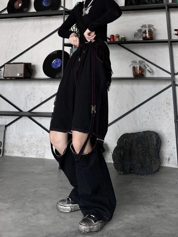 Women's Pants s QWEEK Techwear White Cargo Pant Emo Streetwear Black Wide Leg Trousers Baggy Grunge Punk Pockets Hippie Hollow Out Loose 230506