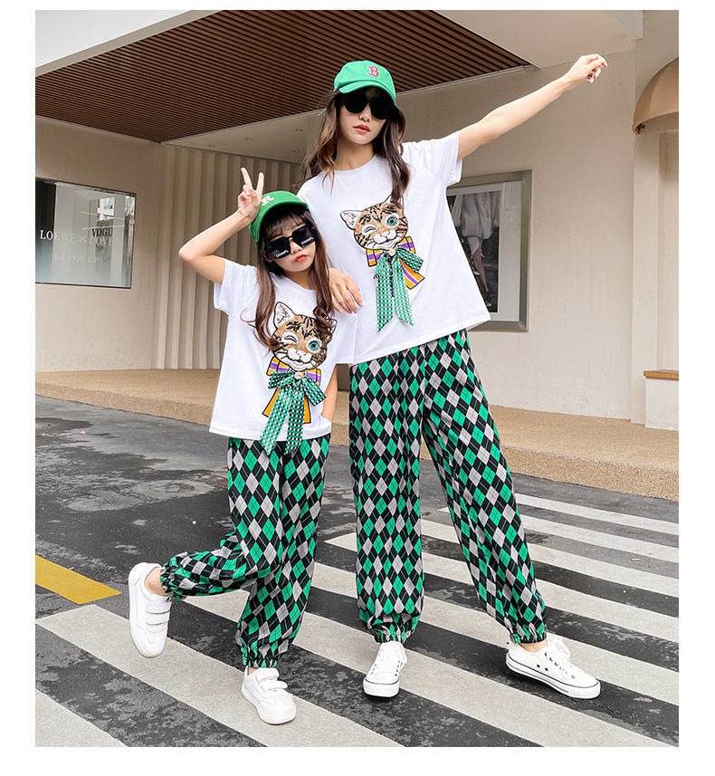 Family Matching Outfits Kid's Fashion Printed Plaid Cat Head Short Sleeve Top Plaid Casual Pants 2PCS Girls' Ladies Travel Parent-Child Outf