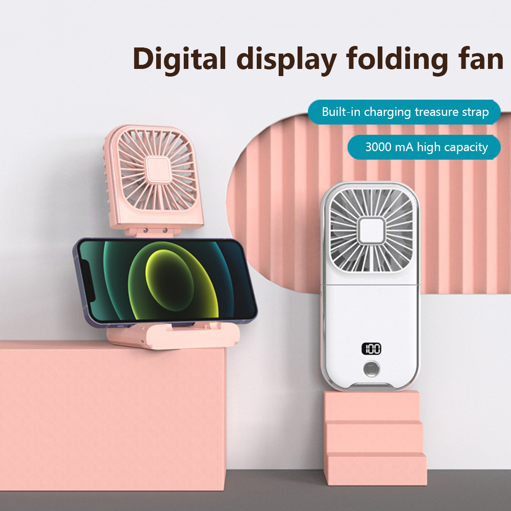 Handheld Fan Foldable Hanging Neck Fan Small Fan with Phone Stand Power Bank Function USB Charging 3000mAh Cooling Fan Digital display For Home Office