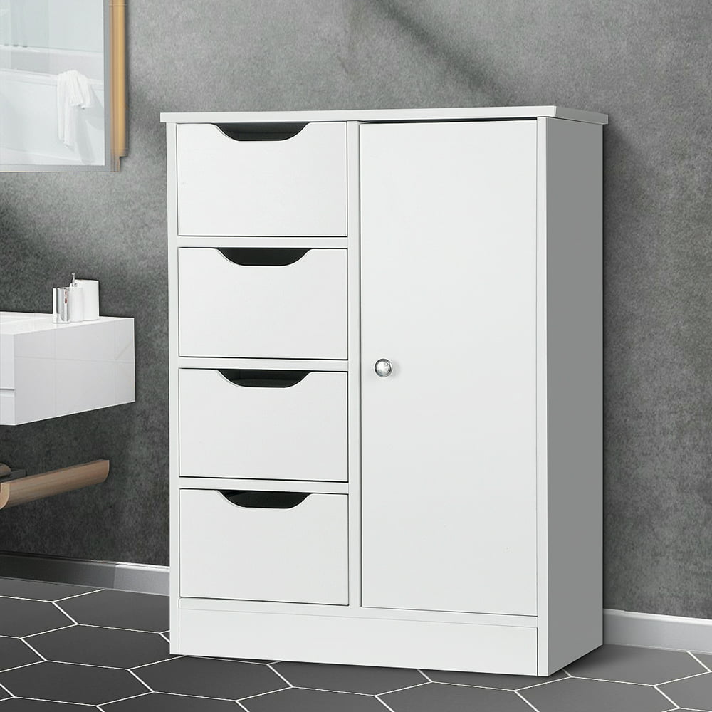 Wooden Bathroom Floor Cabinet Free Standing Cabinet Storage Organizer with 4 Drawers and 1 Cupboard Adjustable Shelf White
Wooden Bathroom Floor Cabinet Free Standing Cabinet Storage Organizer with 4 Drawers and 1 Cupboard Adjustable Shelf White