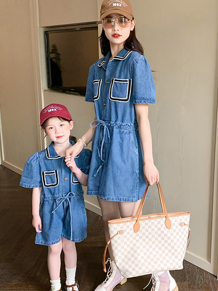 Family Matching Outfits Korean Version Parent-child Wear Mother-daughter Denim Jumpsuit Children's Denim Clothing mommy and me clothes 230506