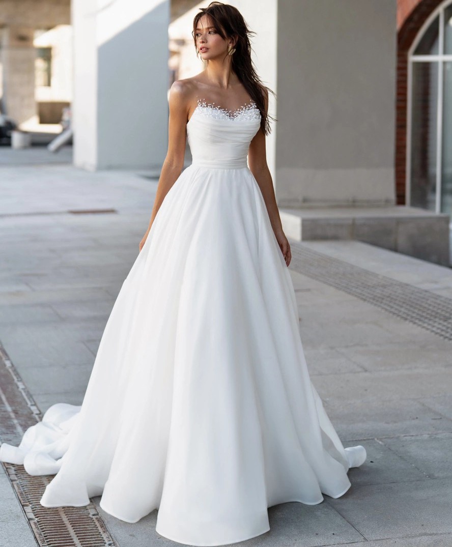 A Line Organza Wedding Dress Sheer Beaded Peal Neck Pleat Bridal Formal Gowns Sweet Train Vestidos De Novia Custom Made