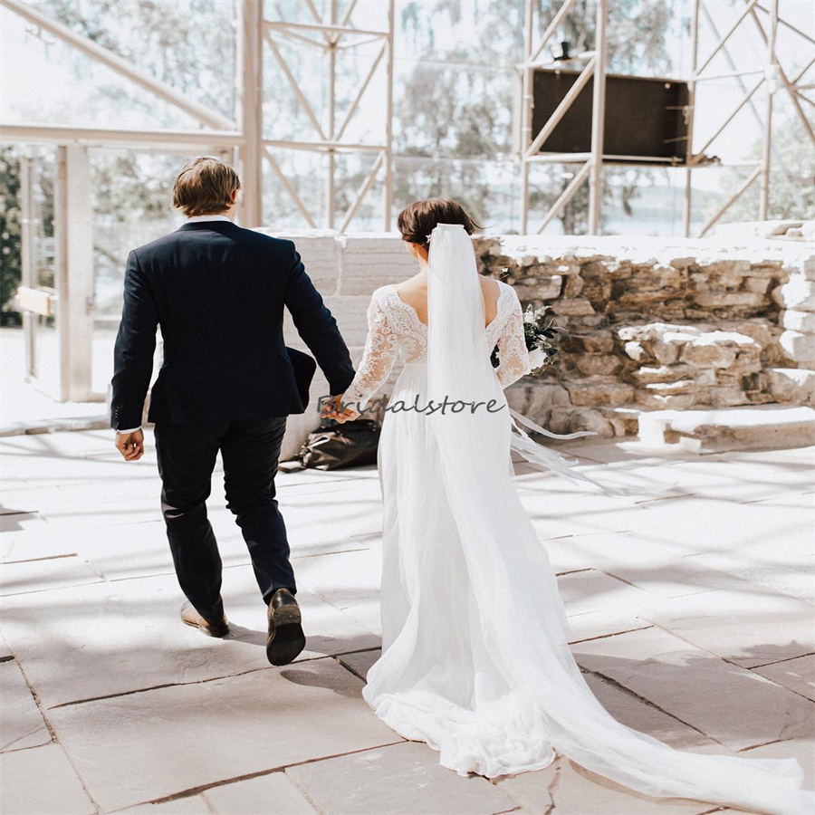 Simple Boho Korean Wedding Dress 2023 Sexy V Neck Long Sleeve Chiffon Bridal Gown Civil Japaese Modest Beach Ivory Country Bride Dresses Outdoor vesti