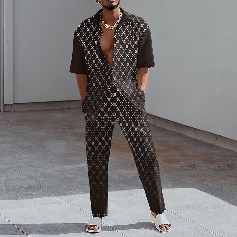 Men's Suits Blazers Fashion Print Two Piece Set Men Summer Short Sleeve Lapel Button Shirts And Straight Pants Suit For Mens Outfits Casual Cloth