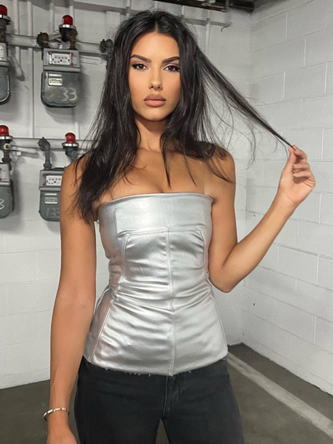 Women's Tanks Camis BOOFEENAA Y2k Street Style Metallic Silver Busiter Tube Top Sexy Clothes Women Going Out Backless Strapless Tops Clubwear C85