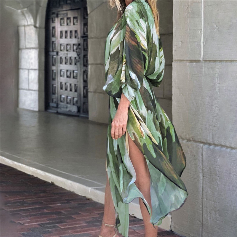 Women's Swimwear Long Swimsuit Cover Up Open Front High Split Flowy Chiffon Kimono Beach Cardigan 230506