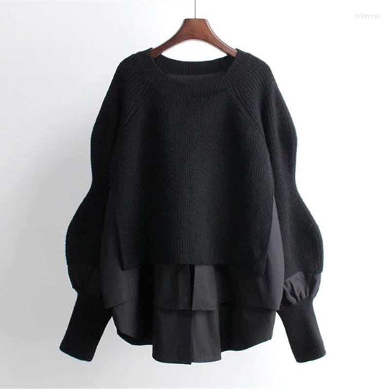 Womens Sweaters Knitted Sweater Patchwork Ruffle Lantern Sleeve O-neck Jumper Female Pullover 2023 Winter Loose Warm Ladies Top