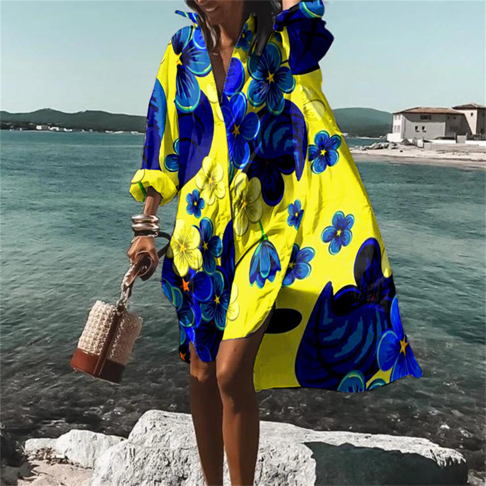Women's Swimwear Casual Wavy stripes Print Beach Holiday Cover Up Coat Shirt Collar Swimsuit Pullover y2k clothing 230506
