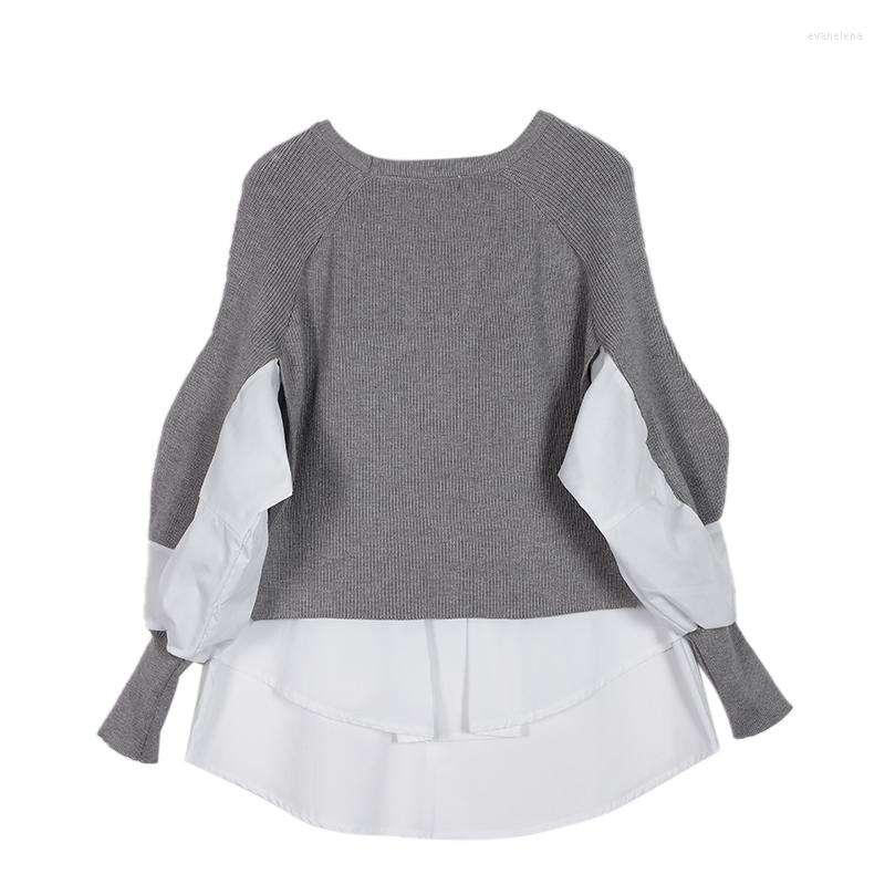 Womens Sweaters Knitted Sweater Patchwork Ruffle Lantern Sleeve O-neck Jumper Female Pullover 2023 Winter Loose Warm Ladies Top