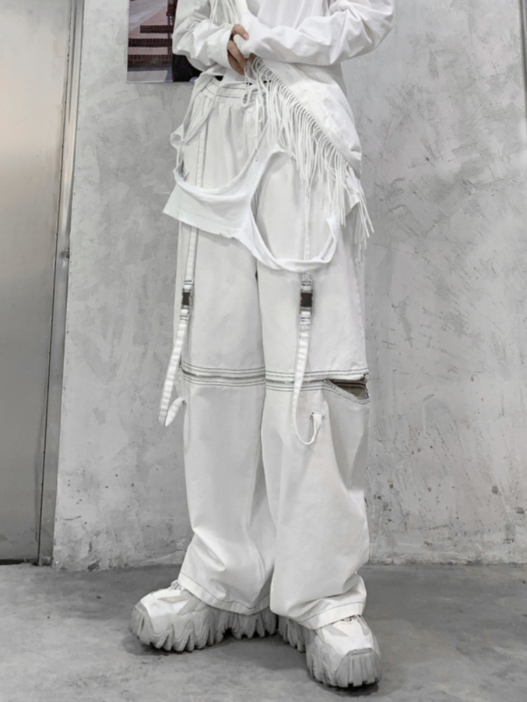 Women's Pants s QWEEK Techwear White Cargo Pant Emo Streetwear Black Wide Leg Trousers Baggy Grunge Punk Pockets Hippie Hollow Out Loose 230506