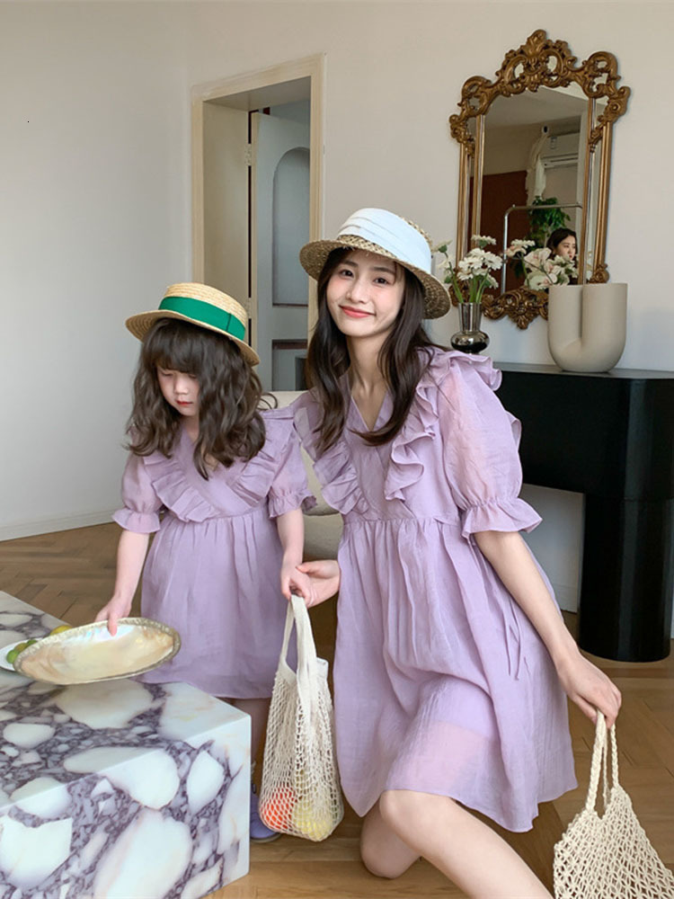 Family Matching Outfits Parent-child Dress Mother and Daughter Dress Summer Dress Girl's Dress Korean Style Lace Collar Cotton Princess Dress 230