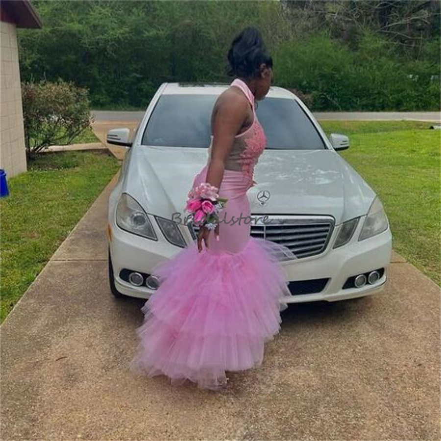 New Pink Black Girls Prom Dress For Birthday Party 2023 Halter African Mermaid Evening Gowns Tiered Tulle Lace Backless Formal Occasion Party Vestido 