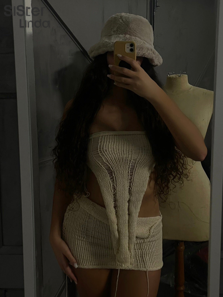 Two Piece Dress Sisterlinda Sexy Blackless 2 Set Women Sleeveless Irregular Tube TopsTassel Skirts Female Matching Party Clubwear Outfits 230505