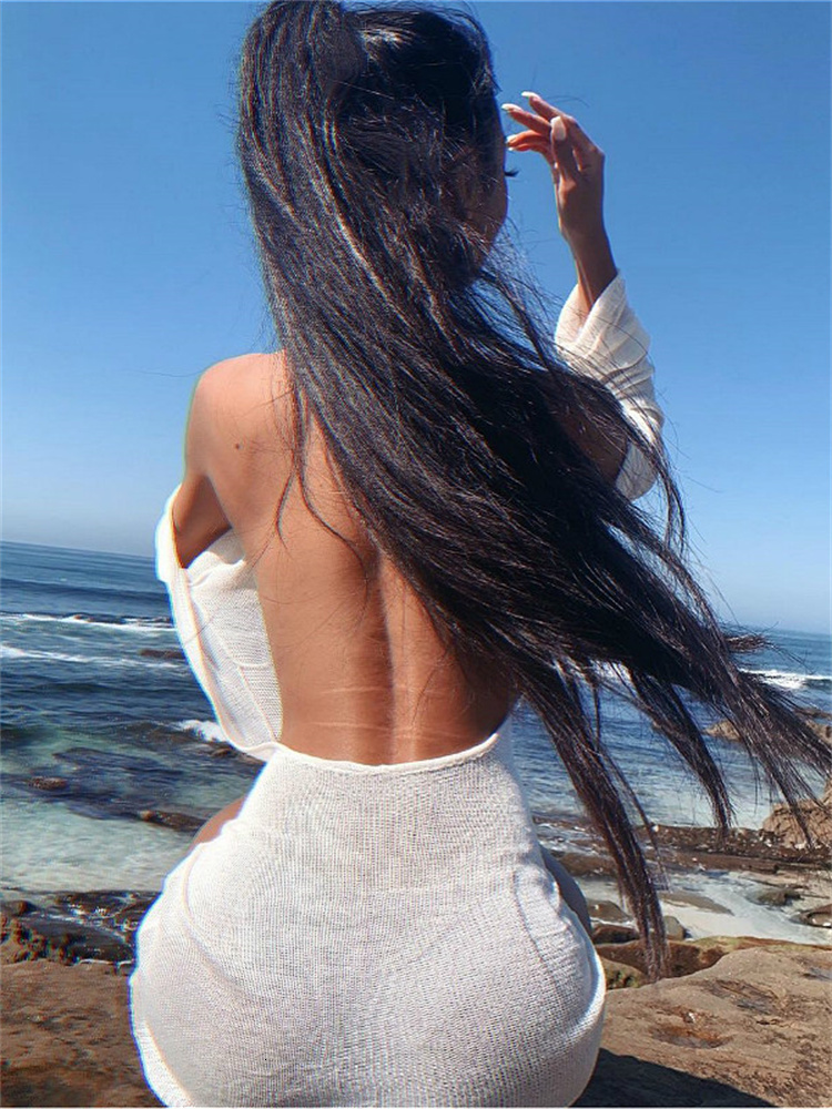Women's Swimwear Women Sexy Backless Bikini Coverups Summer Ladies Long Sleeve Solid Color See Through Club Beach Mini Dress Beachwear 230506