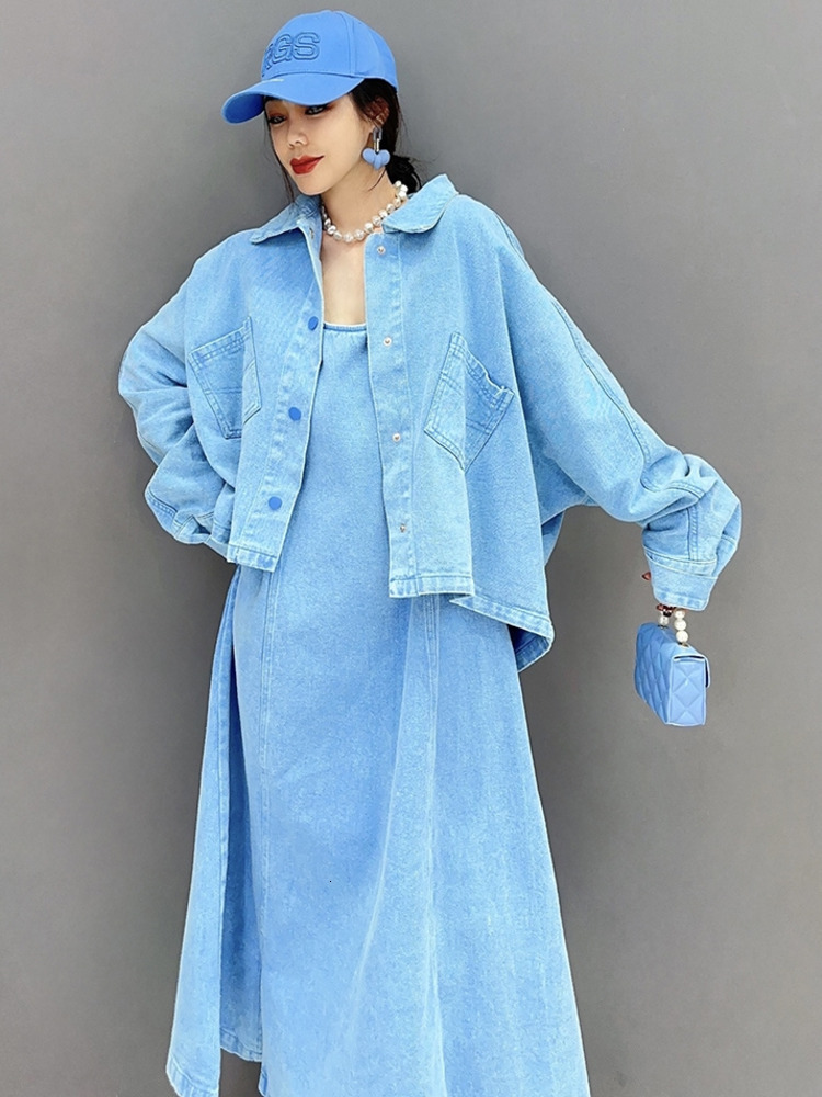 Two Piece Dress SHENGPALAE 2 Set Korean Fashion Denim Coat Top And Sleeveless Casual Loose Women Clothes 2023 Spring 5R1830 230506