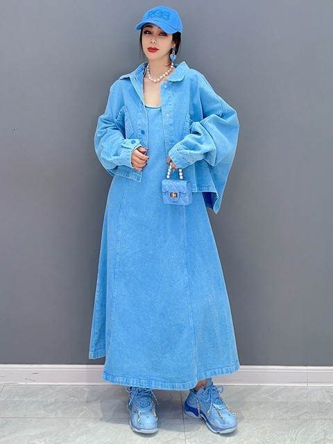 Two Piece Dress SHENGPALAE 2 Set Korean Fashion Denim Coat Top And Sleeveless Casual Loose Women Clothes 2023 Spring 5R1830 230506