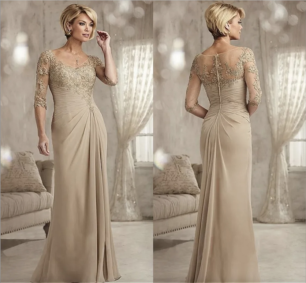 Champagne Mother of The Bride Dresses Plus Size 2023 Chiffon Half Sleeves Groom Godmother Evening Dress For Wedding New Beaded Lace