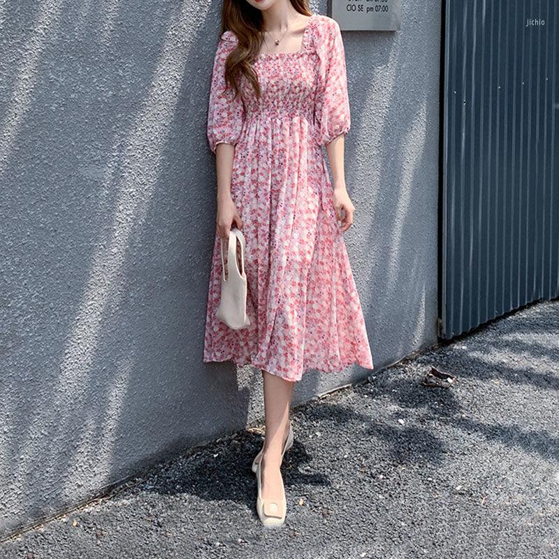 Casual Dresses Women Summer Chiffon Long Maxi Dress Vintage Square Collar Female Purple Holiday Lady Beach Boho Vestidos