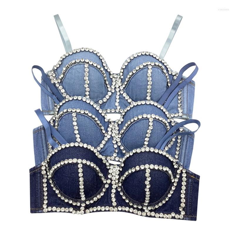 Women' Tanks 2023 Women Denim Tube Top Diamond Beaded Strapless Vest Lace Up Zipper Bustier Bra Night Club Party Tank Female Y749, Blue