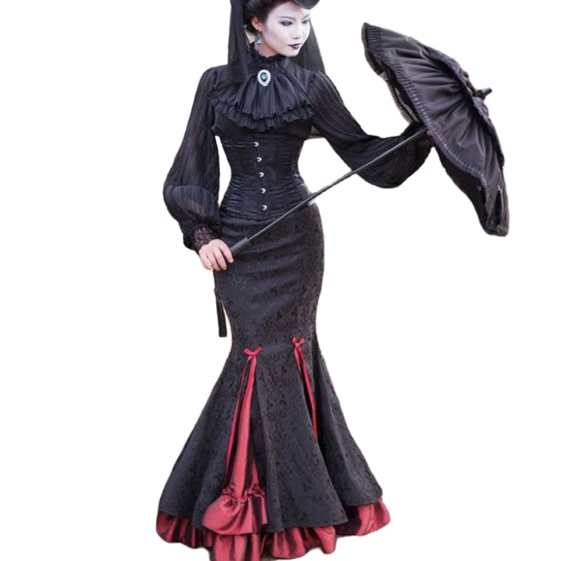 Gothic Black And Burgundy Prom Dresses Long Sleeves Mermaid Medieval Victorian Special Occasion Gowns High Neck Corset Plus Size Evening Dress For Wom