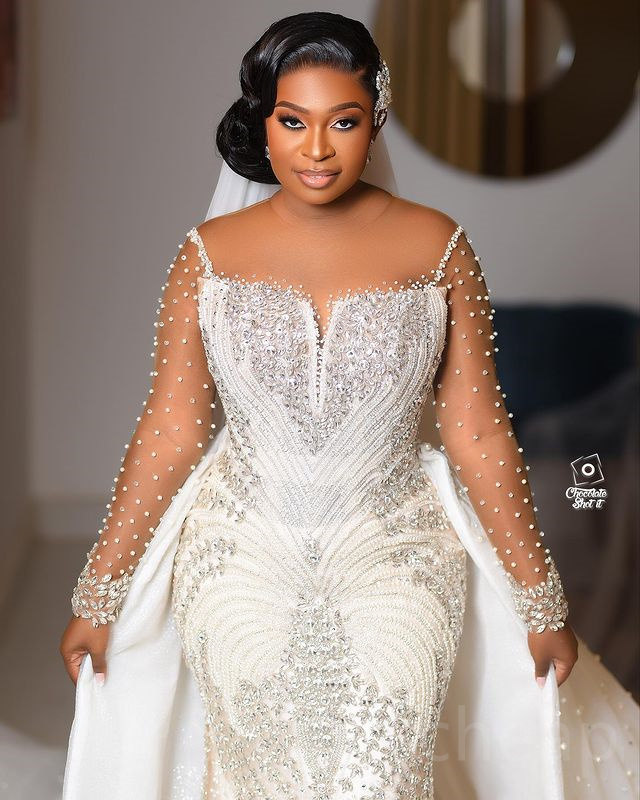 2023 Arabic Aso Ebi White Mermaid Wedding Dress Beaded Crystals Detachable Train Bridal Gowns Dresses ZJ6064