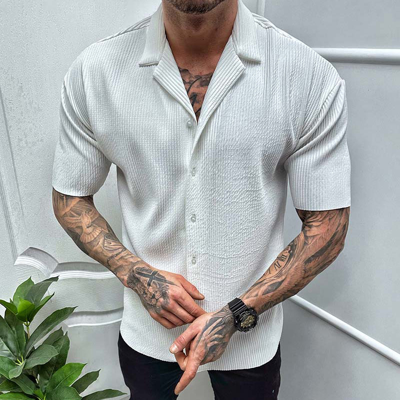 Men's Casual Shirts Leisure Solid Color Ribbed Men Clothes Fashion Short Sleeve Lapel Button Shirt 2023 Spring Summer Streetwear 230506