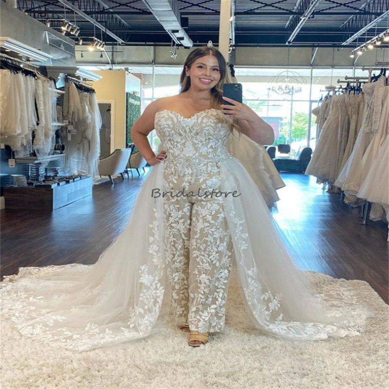 Luxury Jumpsuit Wedding Dress 2023 Overskirt Lace Boho Stunning Bridal Dresses Sweetheart Civil Country Rustic Plus Size Bride vestidos de novia robe 