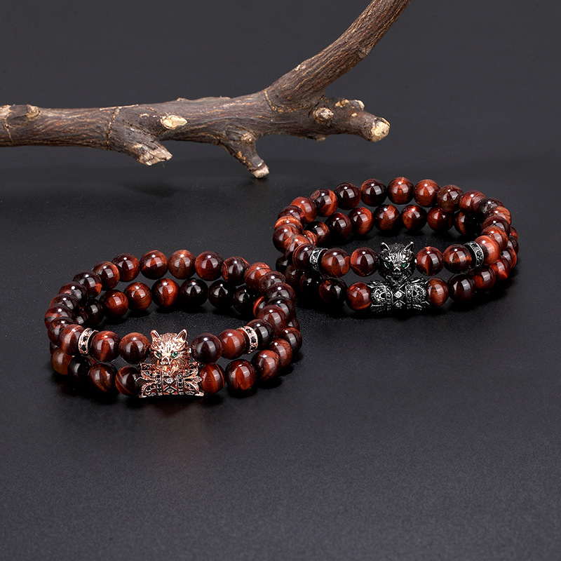 Natural Power Stone Red Tiger Eye Beads Wolf Head Animal Charm Bracelet