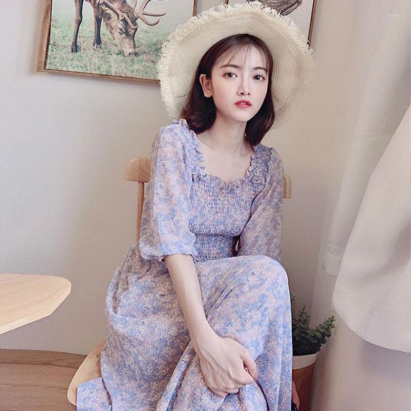 Casual Dresses Women Summer Chiffon Long Maxi Dress Vintage Square Collar Female Purple Holiday Lady Beach Boho Vestidos