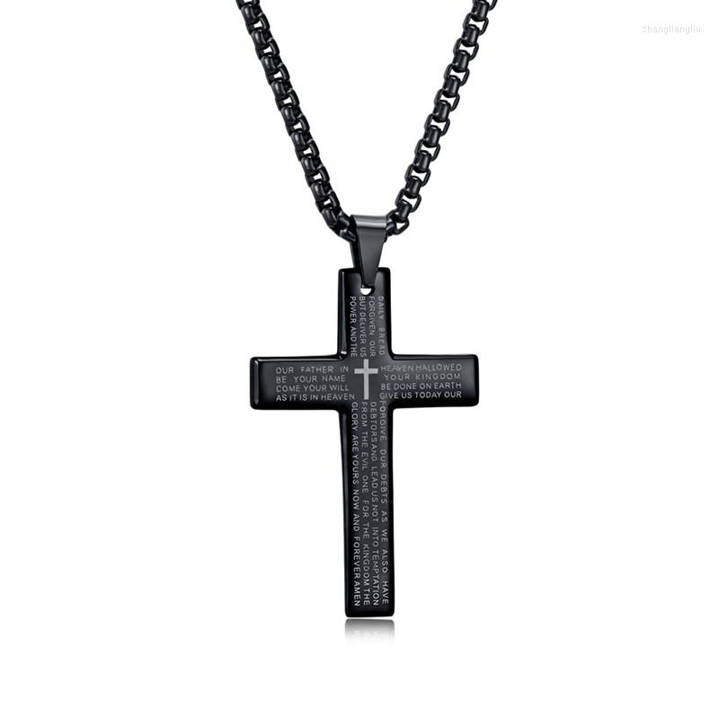 Pendant Necklaces Stainless Steel Lords Prayer & Christian Cross Etched Necklace For Men Women