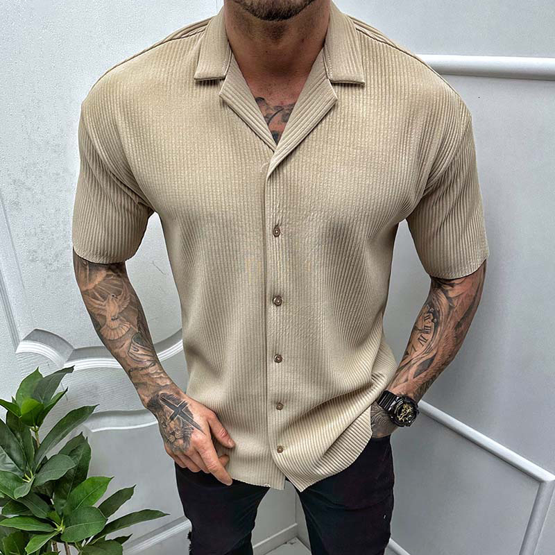 Men's Casual Shirts Leisure Solid Color Ribbed Men Clothes Fashion Short Sleeve Lapel Button Shirt 2023 Spring Summer Streetwear 230506