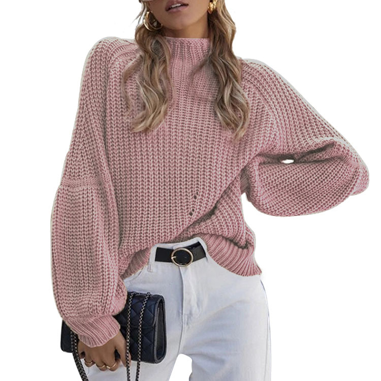 2023 European and American Autumn and Winter New Loose Half High Neck Knit Solid Color High Neck Sweater for Women