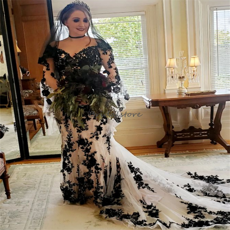 Chic Black Lace Gothic Wedding Dress 2023 Plus Size Long Sleeve Mermaid Country Garden Bridal Dresses With Train Elegant Bride robe de mariee Femme ve
