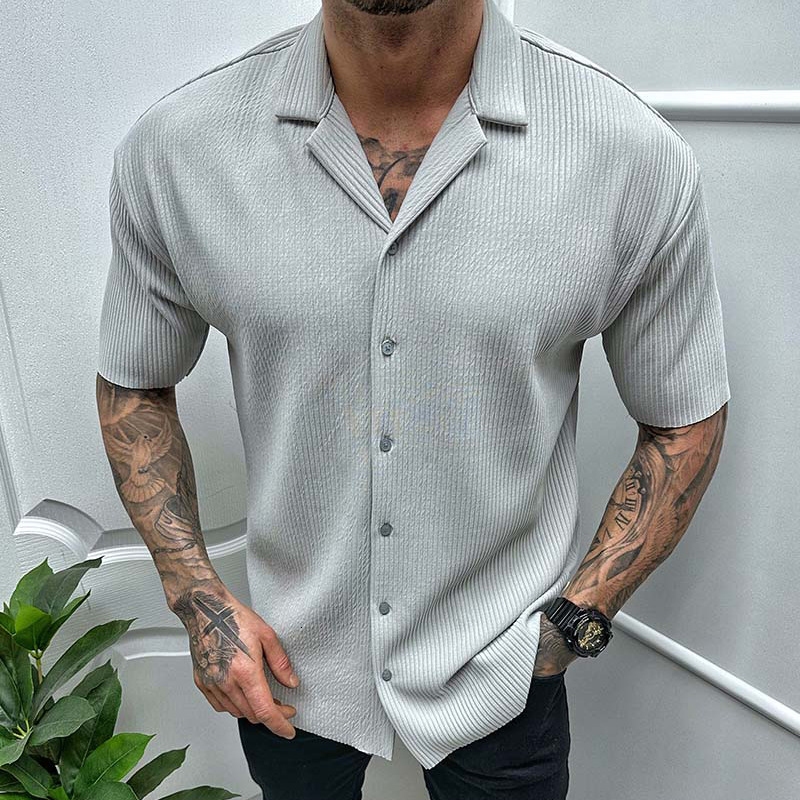 Men's Casual Shirts Leisure Solid Color Ribbed Men Clothes Fashion Short Sleeve Lapel Button Shirt 2023 Spring Summer Streetwear 230506