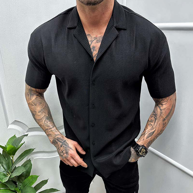 Men's Casual Shirts Leisure Solid Color Ribbed Men Clothes Fashion Short Sleeve Lapel Button Shirt 2023 Spring Summer Streetwear 230506