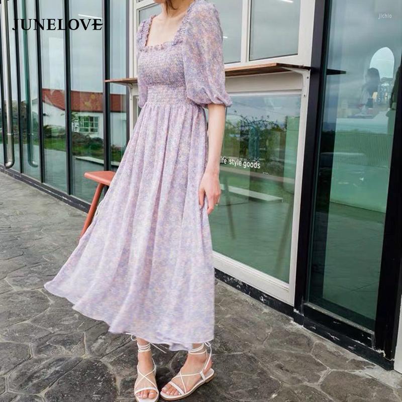 Casual Dresses Women Summer Chiffon Long Maxi Dress Vintage Square Collar Female Purple Holiday Lady Beach Boho Vestidos