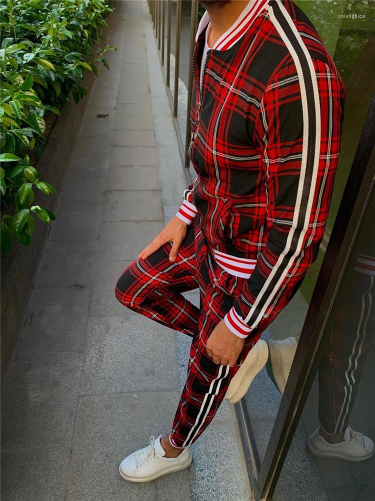 Mens Tracksuits Nwe Mens Sets 2 Pieces Tracksuit Clothing Jackets Pants Pullover Sportwear Gentlemen Plaid Suit Casual Europe M-3XL
