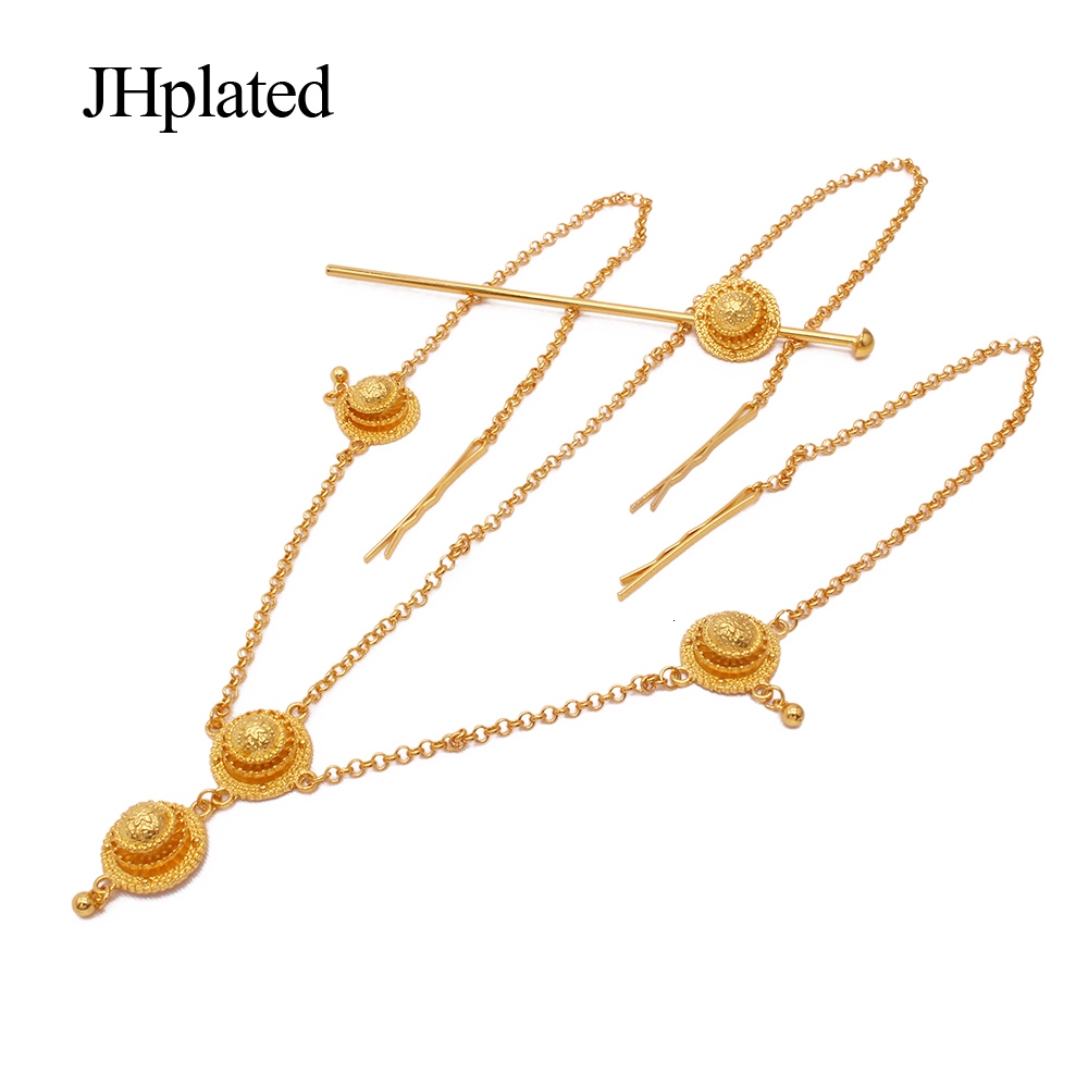 Pendant Necklaces Ethiopian gold plated bridal Jewelry sets Hairpin necklace earrings bracelet ring gifts wedding jewellery set for women 230506