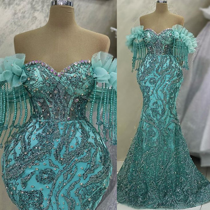 May 2023 Aso Ebi Urious Mermaid Prom Crystals Sequined Lace Evening Formal Party Second Reception Birthday Engagement Gowns Dress Robe De Soiree Zj173