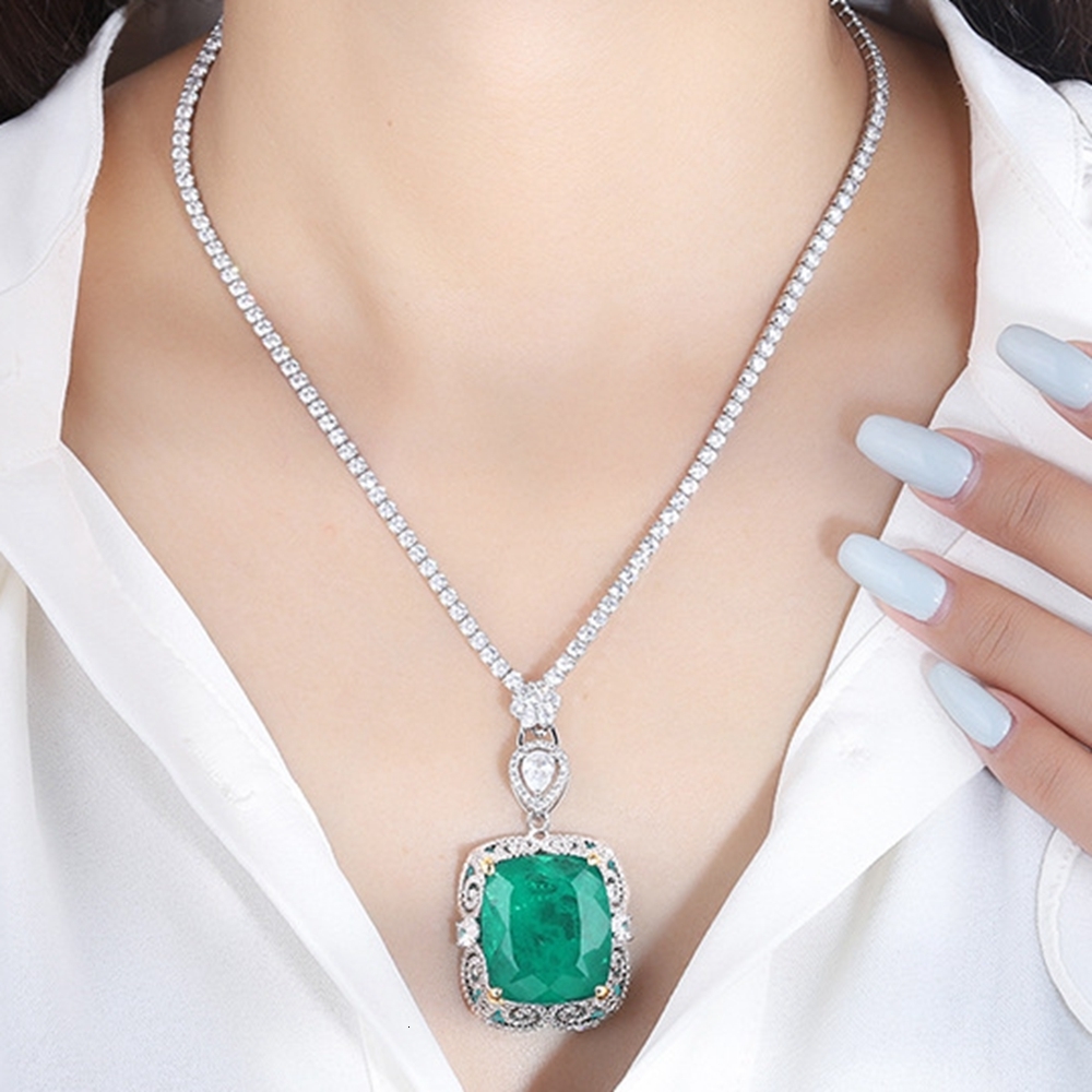 Pendant Necklaces KQDANCE Woman Lab Emerald Gemstone Gem For All match CZ Diamond Tennis Chain with Green Stone Wedding Jewelry 230506