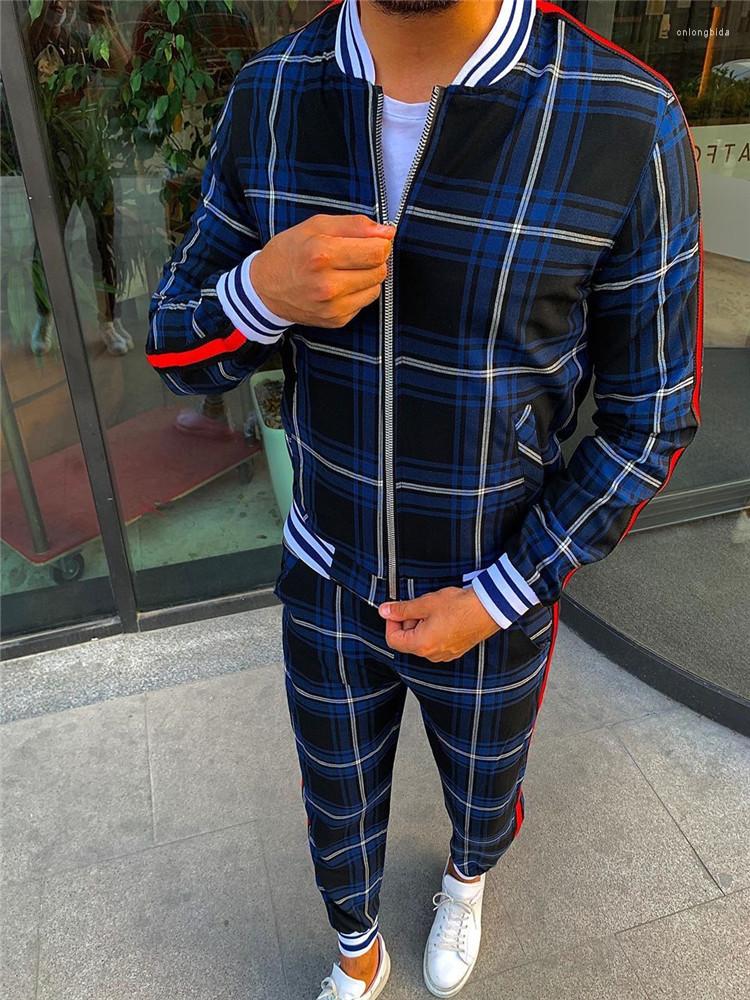 Mens Tracksuits Nwe Mens Sets 2 Pieces Tracksuit Clothing Jackets Pants Pullover Sportwear Gentlemen Plaid Suit Casual Europe M-3XL