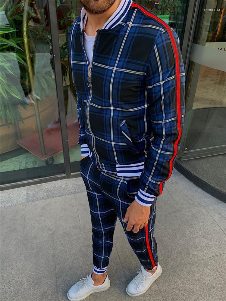 Mens Tracksuits Nwe Mens Sets 2 Pieces Tracksuit Clothing Jackets Pants Pullover Sportwear Gentlemen Plaid Suit Casual Europe M-3XL