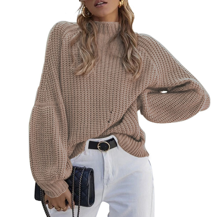 2023 European and American Autumn and Winter New Loose Half High Neck Knit Solid Color High Neck Sweater for Women