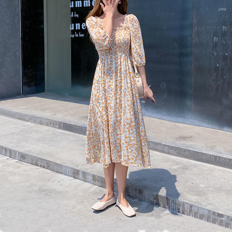 Casual Dresses Women Summer Chiffon Long Maxi Dress Vintage Square Collar Female Purple Holiday Lady Beach Boho Vestidos