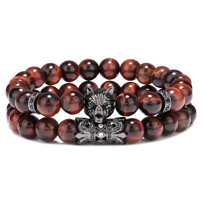 Natural Power Stone Red Tiger Eye Beads Wolf Head Animal Charm Bracelet