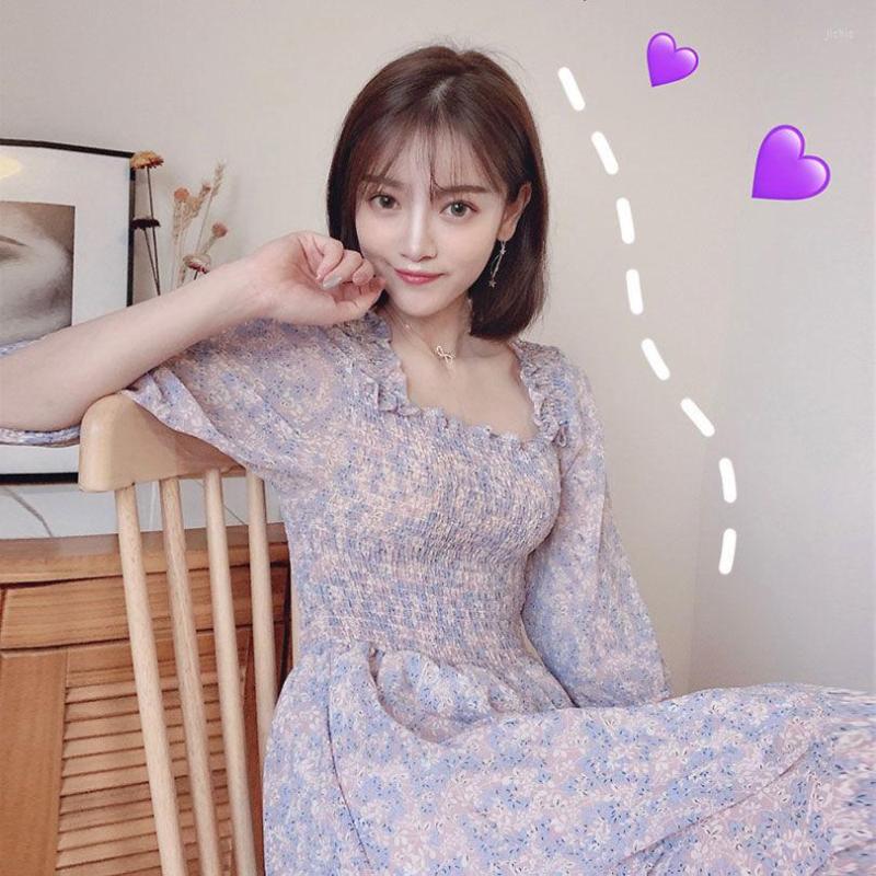 Casual Dresses Women Summer Chiffon Long Maxi Dress Vintage Square Collar Female Purple Holiday Lady Beach Boho Vestidos